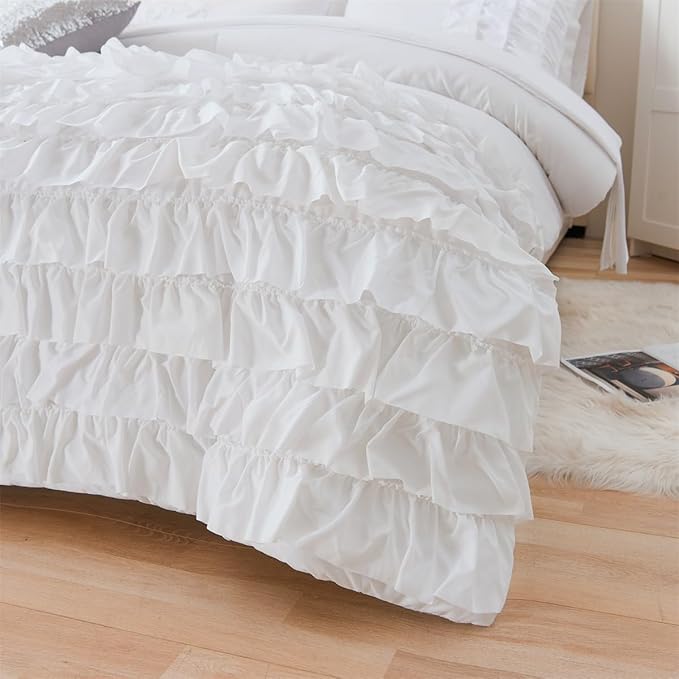 Holawakaka White Waterfall Ruffle Comforter Set Queen Size Multi-Layers Ruffled Shabby Chic 3PCS Bedding Set for Girls Women, White Queen