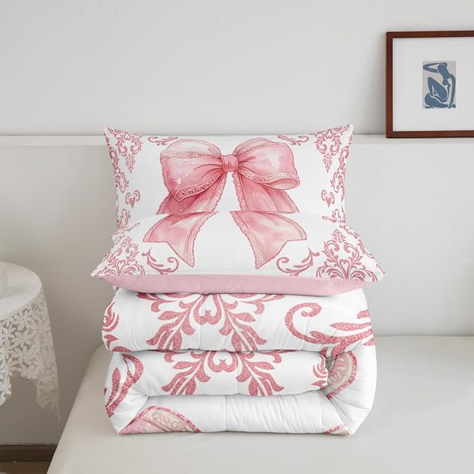 jejeloiu Girls Pretty Ribbon Pink Bow Bedding Set Queen Size Pink Damask Comforter Set for Kids Women Cute Bow Duvet Set Princess Quilt Set 3Pcs
