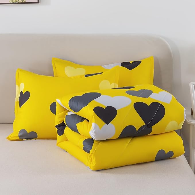 Caressma 3 Pieces Full Size Comforter Set for Boys Farmhouse Yellow Bedding Set with Black Heart All Season Fluffy Soft Lightweight(1 Comforter & 2 Pillowshams)