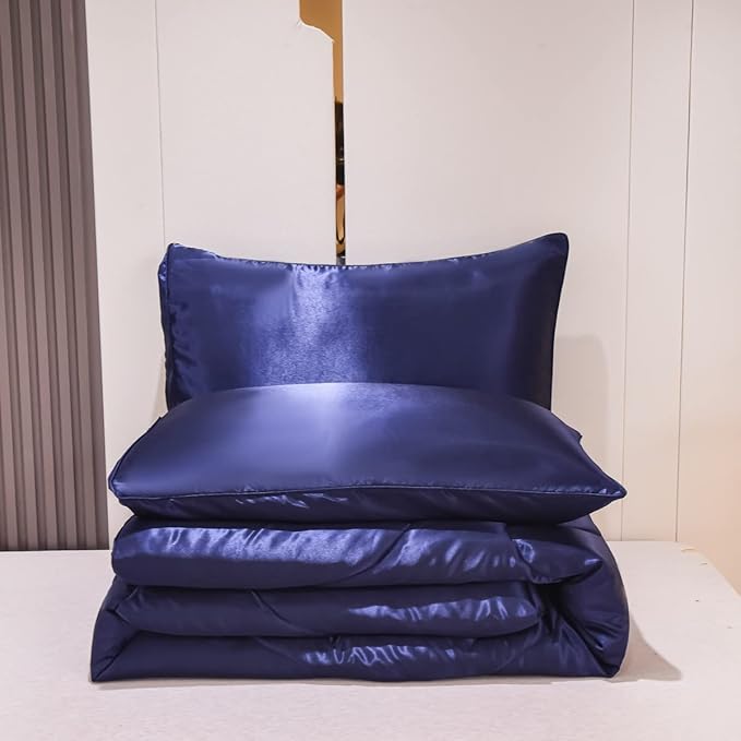NTBED Silky Satin Comforter Set Queen Dark Blue, Soft Lightweight Microfiber Luxury Sexy Quilted Bedding Sets with 2 Matching Pillow Covers for Summer Spring Autumn