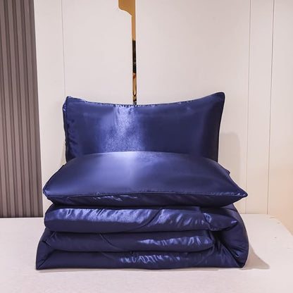 NTBED Silky Satin Comforter Set Queen Dark Blue, Soft Lightweight Microfiber Luxury Sexy Quilted Bedding Sets with 2 Matching Pillow Covers for Summer Spring Autumn