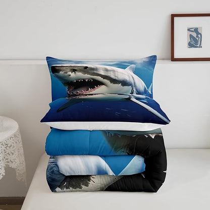 Kids Comforter Set for Boys Girls,3D Shark Fish Down Comforter 3 Piece Hawaiian Beach Theme Bedding Quilted Duvet Set Ocean Sea Animal Pattern Blue Duvet Insert for Toddler Teen Bedroom Decor,Full