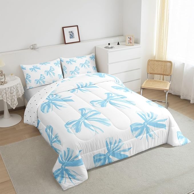 Erosebridal Bow Bedding Set King Size,Blue Bowknot Comforter Set Bow Tie Bedding Comforter Sets for Kids Teen Adults Bedroom Decor,Watercolor Bowknot Blue White Duvet Insert