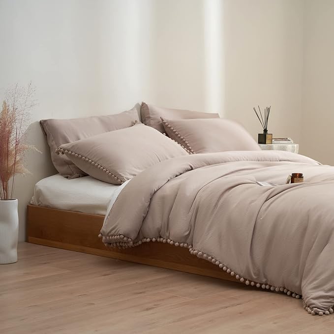 MUKKA King Comforter Set 5-Piece Comforter Set King Size Khaki, Boho Pom Pom Fringe Comforter Set King Size Tan, Bedding Comforter Set Taupe with 2 Pillowcases,2 Pillowshams