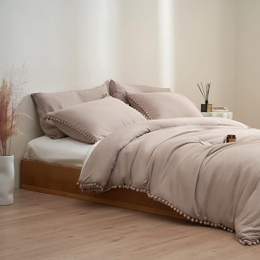 MUKKA King Comforter Set 5-Piece Comforter Set King Size Khaki, Boho Pom Pom Fringe Comforter Set King Size Tan, Bedding Comforter Set Taupe with 2 Pillowcases,2 Pillowshams