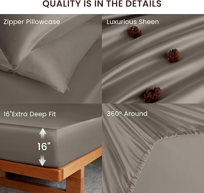 THXSILK Luxury Mulberry Silk Fitted Sheet Set 3 Pcs, Full Silk Bed Sheet Set with 16" Deep Pockets, Soft & Cooling Sheets, 1 Fitted Sheet, 2 Pillowcases with Zipper Closure - Charcoal