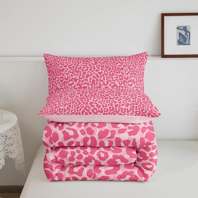Erosebridal Leopard Print Twin Size Comforter Set-2 Pieces Cheetah Print Comforter for Women Room Decor,Soft Sexy Pink Wild Animal Skin Texture Bedding Set with 1 Pillowcases for All Season