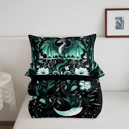 Feelyou Kids Dragon Comforter Set Queen Size, Green Dragon Bedding Set for Kids Boys Girls Boho Duvet Insert Room Decor 3Pcs