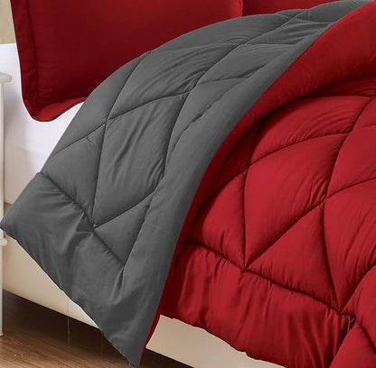 Elegant Comfort Goose Down Alternative -Diamond-Stitched- Quilted 3-Piece Reversible Comforter Set/Duvet Insert Soft Bedding-Medium Warmth for All Seasons, King, Burgundy/Grey