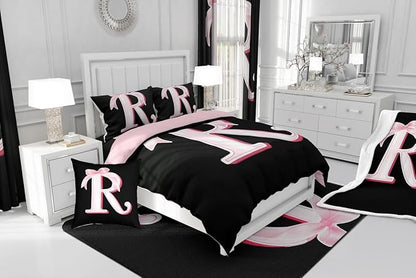 jejeloiu Kawaii Pink Bow King Comforter Set with Sheets,Gifts for Women Teen Girl,Personalized Initial Letter R 7 Piece Bedding Set,Soft Monogrammed Bed in a Bag with Comforter,Sheets,Pillowcases