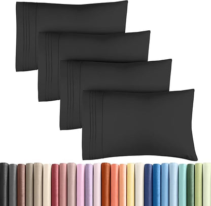 Queen Pillow Cases Set of 4 - Ultra Soft Hotel Quality Pillowcase Covers - Comfy, Cozy & Wrinkle Free - Shrinkage, Stain and Fade Resistant - Machine Washable Pillow Protectors - 4 Piece Set - Black