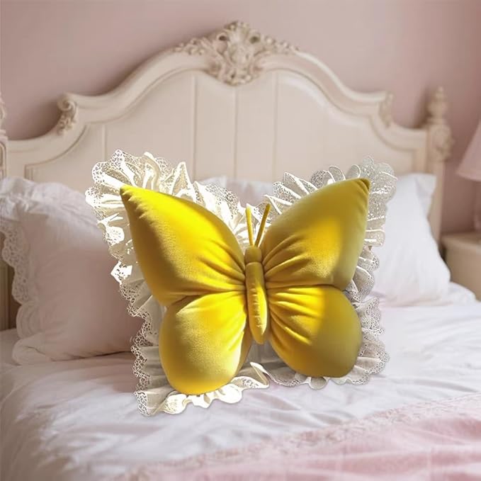 Butterfly Throw Pillow, Butterfly Shaped Decorative Pillow for Sofa Couch Bed, Plush Velvet Lumbar Support Cushion for Office Chair & Car Seat (Yellow)