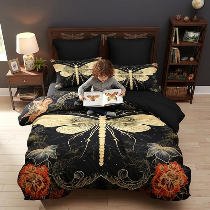 Moth Bedding Comforter Set King Size,Vintage Red Flower Hoilday Decor Comforter for Adult Women Bedroom Decor,3 Pcs 2 Pillowcases/104 * 90