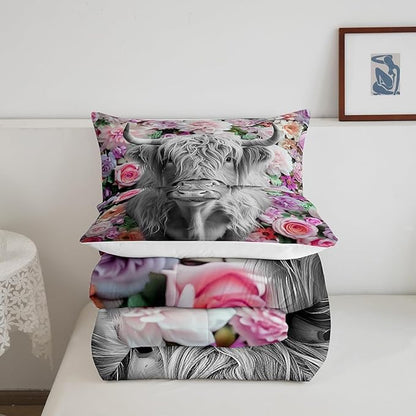 Erosebridal Highland Cow Comforter Set King Size Rose Flower Bedding Set for Kids Girls Boys Teens Adult Western Wild Animal Bull Cattle Down Comforter Funny Farmhouse Comforter Pink Grey