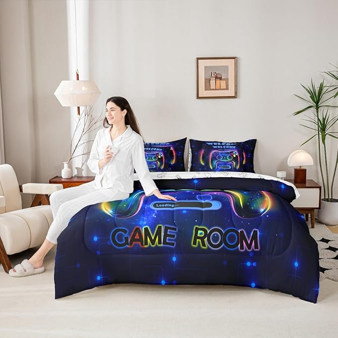 jejeloiu Cool Gamer 7 Piece Bedding Set King Size for Boys 3D Gaming Comforter Set with Sheets Kids Teens Bright Blue Bed in a Bag Modern Game Console Bed Set