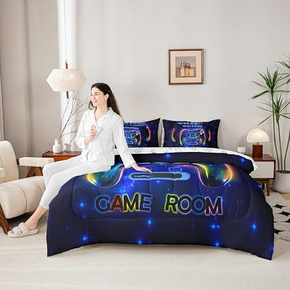 jejeloiu Cool Gamer 7 Piece Bedding Set King Size for Boys 3D Gaming Comforter Set with Sheets Kids Teens Bright Blue Bed in a Bag Modern Game Console Bed Set