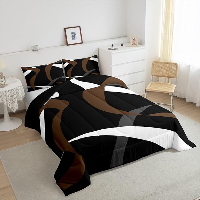 Erosebridal Abstract Black Brown Bedding Comforter Sets Dark Grey White Striped Bedding Set Toddler Geometric Abstract Down Comforter for Boys Adults Men Modern Fashion Quilt Duvet