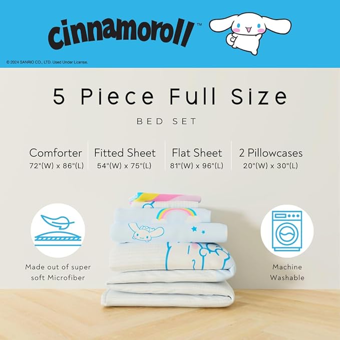 Cinnamoroll Bedding - 5 Piece Full Size Bed Set - Super Soft Microfiber Comforter and Sheet Set, (Officially Licensed Product) by Franco Collectibles