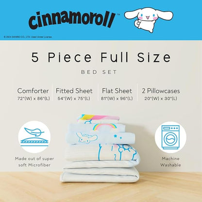 Cinnamoroll Bedding - 5 Piece Full Size Bed Set - Super Soft Microfiber Comforter and Sheet Set, (Officially Licensed Product) by Franco Collectibles