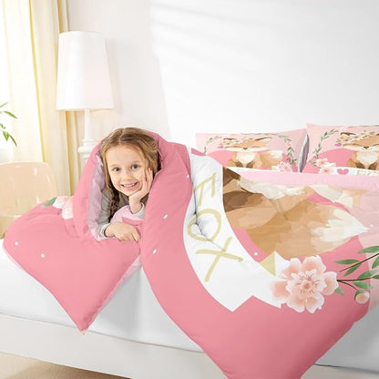 Feelyou Girls Cartoon Fox Comforter Set Cute Fox Bedding Set for Kids Boys Girls Kawaii Animal Duvet Set Botanical Floral Comforter 1 Comforter Set with 2 Pillowcases Queen Size
