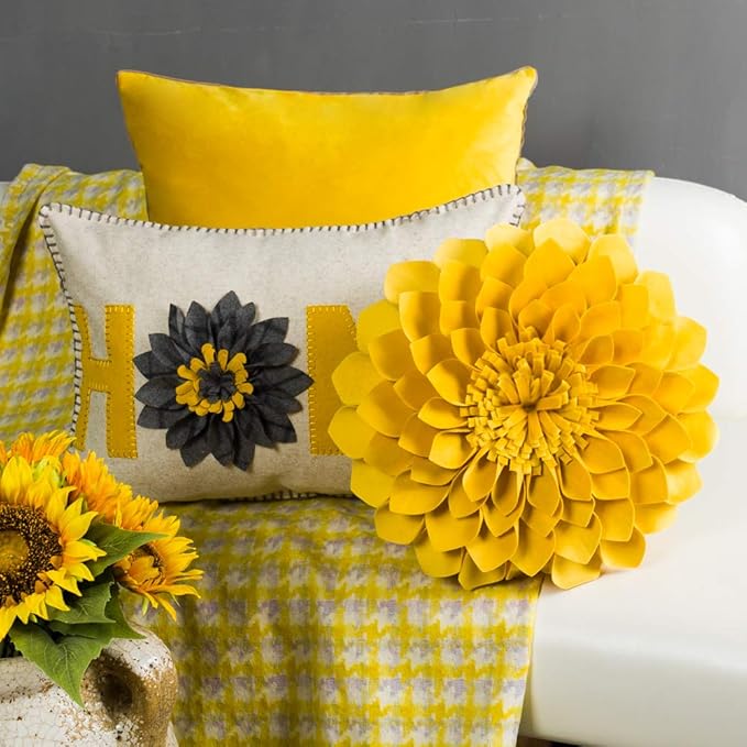 JWH 3D Flower Handmade Throw Pillow Covers Decorative Yellow Velvet Accent Pillow Cases Round Pillowcase Soft Cushion for Couch Bed Decor Euro Shams with Hidden Zipper 12 Inches Mustard