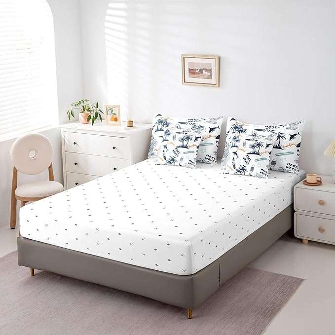 Feelyou Ocean Beach Comforter Set Queen Size 7 Pcs Kids Summer Tropical Comforter Bed in a Bag Shark Palm Tree Bedding Set for Boys Girls Teens Surfing Bed Set with Sheets, Pillowcases, Pillow Covers