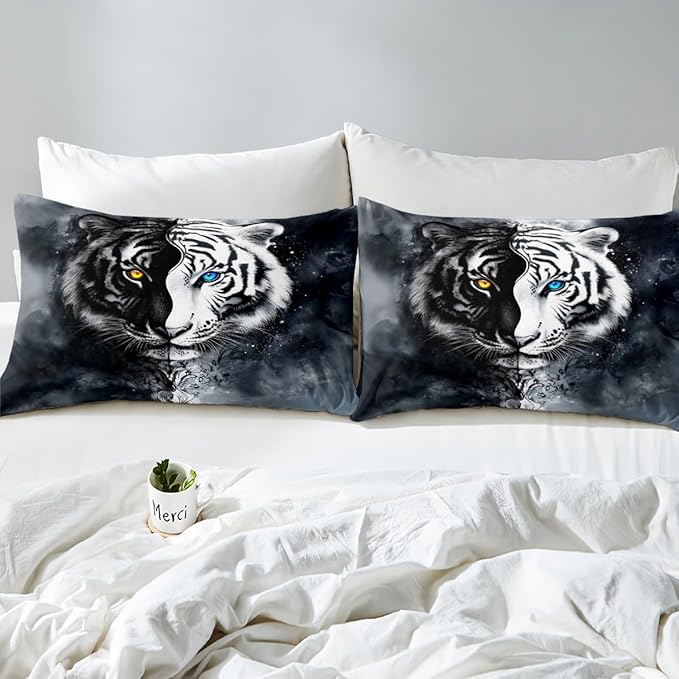 Erosebridal Boys Tiger Bedding Set King Size, African Safari Animal Comforter Set Exotic Wildlife Down Comforter Black White Soft Microfiber Quilt for Adult Teens Youth Men Bedroom Decor