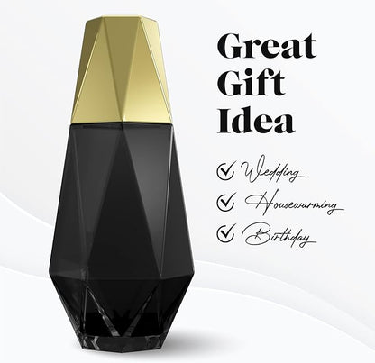 American Atelier 37 oz Modern Geometric Bedside Carafe & Cup Set – 9" Glass Carafe with Lid & Matching Cup, Angular Nightstand Drinkware for Water & Juice, Stylish Contemporary Design (Black/Gold)