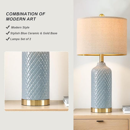 24.25" Table Lamp Modern Ceramic Blue Lamps for Living Room Bedroom Boho Bedside Table Lamps for Night Stands Nightstand Lamp Coastal Side End Table Lamps Reading Light Home Office Dorm Deco Gifts