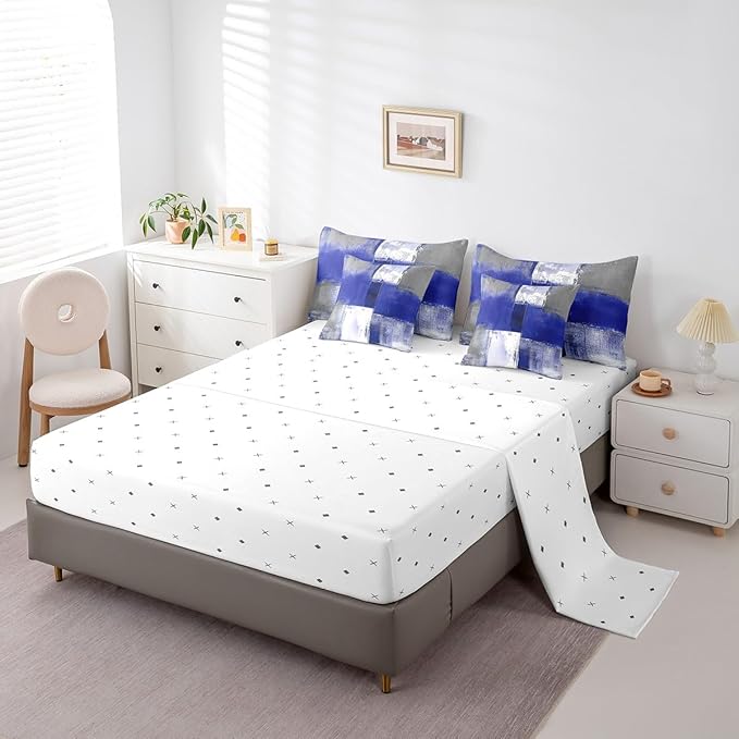 Erosebridal Navy Blue White Grey Bed in a Bag 7 Pieces Graffiti Bedding Comforter Sets with Flat Sheet and Fitted Sheet, Watercolor King Bedding Sets with Pillowcases and Throw Pillow Covers