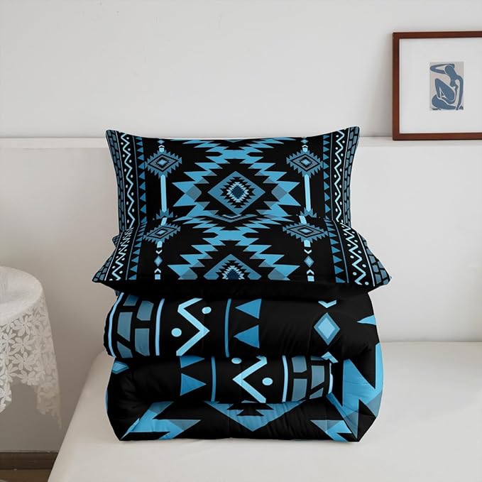 Feelyou Blue Black Southwestern Comforter Set Tribal Native American Indian Bedding Set King Size Farmhouse Western Room Decor Duvet Quilt