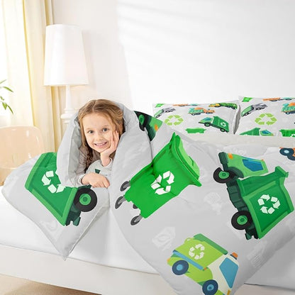 Feelyou Boys Green Garbage Truck Bedding Set - Cartoon Trash Truck Comforter Set for Kids - King Size with 2 Pillow Case