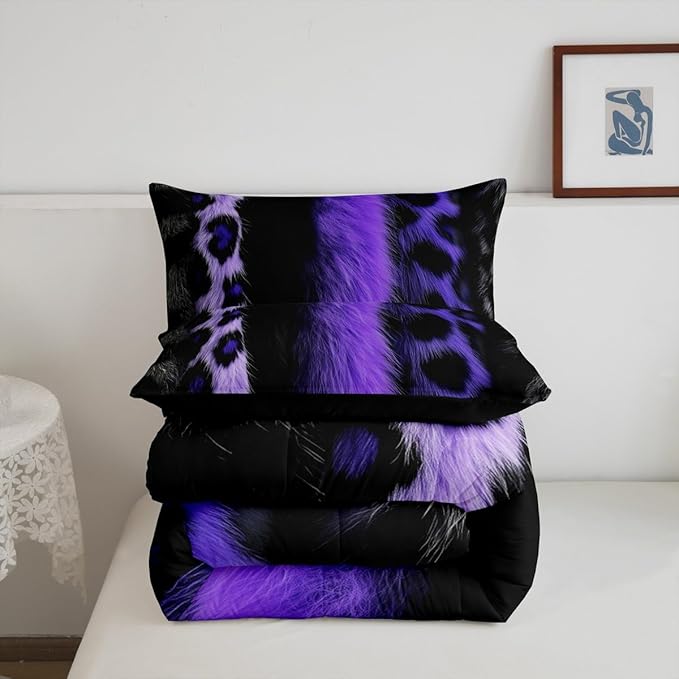 jejeloiu 3D Purple Leopard Bedding Set Queen Size Adult Leopard Comforter Set for Boys Girls Animal Print Duvet Set Wild Animal Fur Quilt Set 3Pcs