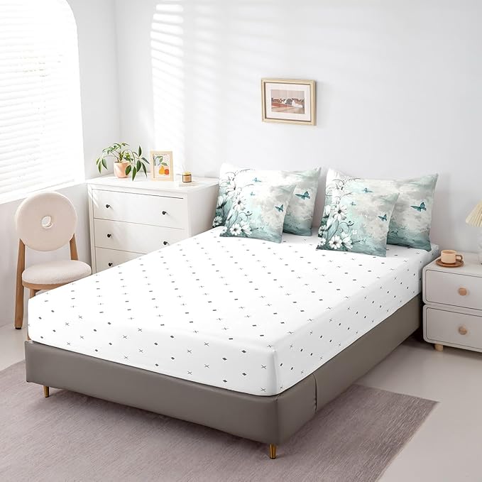 Feelyou Butterfly Comforter Set Full Size 7 Pieces Vintage Floral Daisy Bedding Set for All Season Flower Botanical Nature Theme Bed in a Bag with Comforter, Sheets, Pillowcases & Cushion Cover