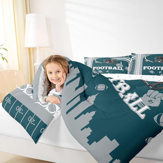 Feelyou Football Bedding Set Boys Girls King Size Sports Theme Women Men Rugby Sports Comforter Football City Duvet Quilt Green Gray Room Decor