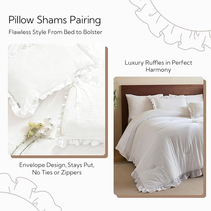 MR&HM Queen Comforter Set White, Comforter Set 7 Pieces for Girls Women, Shabby Chic Vintage Cottagecore Bed Sets Elegance Boho Bed in a Bag, Ultra-Soft & Fluffy Comforter for All Season