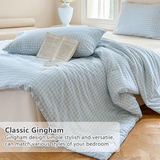 NSNLGSGC Light Blue Gingham Cotton Comforter Set King, 100% Washed Cotton Blue Plaid Checked Comforter Bedding, 3 Pieces Vintage Farmhouse Grid Bedding Set(Light Blue Gingham, King)