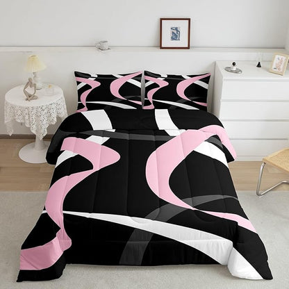 Erosebridal Abstract Black Pink Bedding Comforter Sets Dark Grey White Striped Bedding Set Full for Kids Girls Teen Women Geometric Swirl Stripes Down Comforter Modern Fashion Quilt Duvet