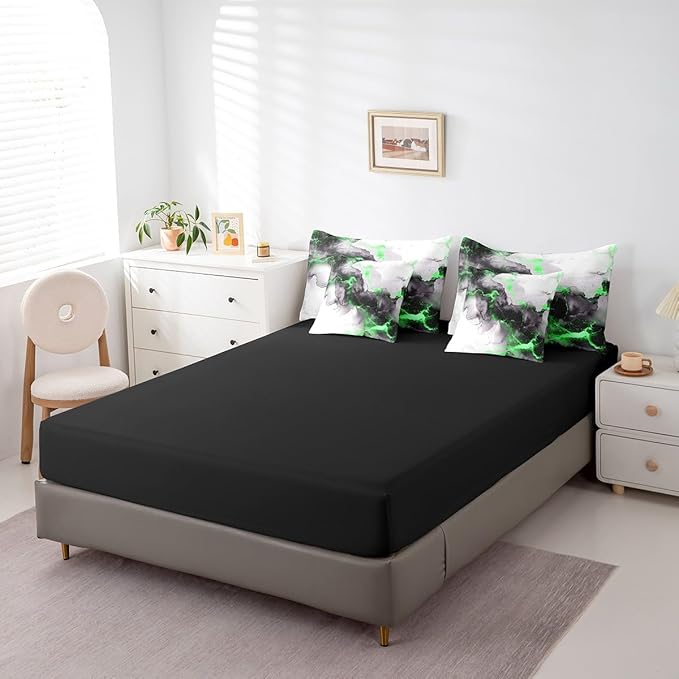 Black and Green Marble King Comforter Set 7-Piece Modern Marbling Bedding Comforter Sets, Mountain Fluid Bed in a Bag Grey Aesthetic Bedding Set, Abstract Art Bed Sheets Set Boys Girls Room Decor