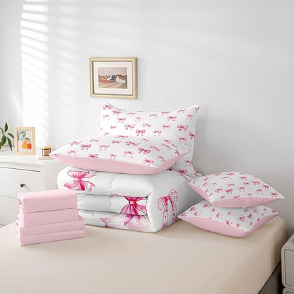 Feelyou Pink Girls Bow 7 Pieces Comforter Sets Boys Girls Twin Size Bow Bedding Set for All Season for Kids Women Men Cute Bowknot Bed in a Bag with Comforter, Sheets, Pillowcases & Cushion Cover