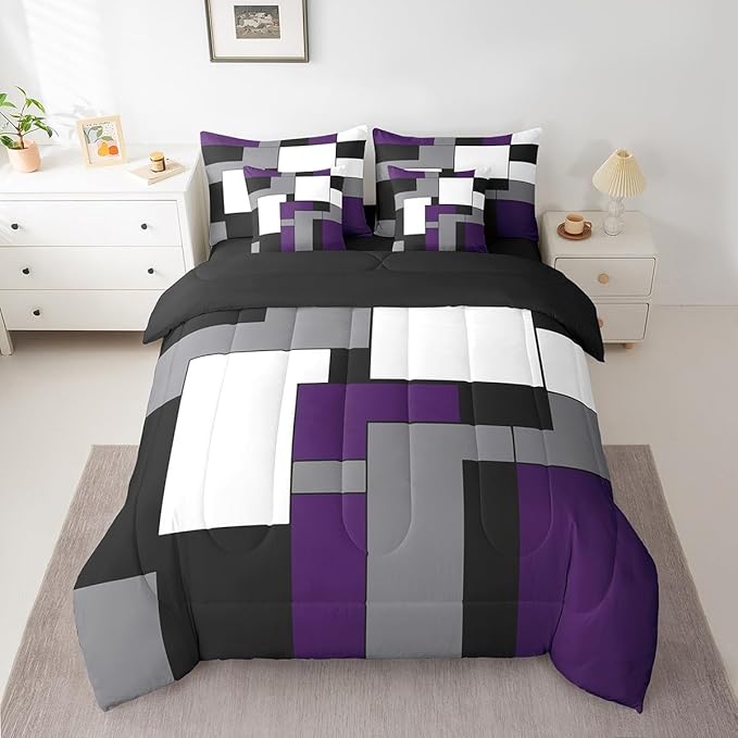 Erosebridal 7 Pcs Purple Black White Comforter Set Full Size,Geometric Bed in a Bag with Flat Sheet and Fitted Sheet for Kids and Adults,Modern Square Bedding Set with Pillowcases and Cushion Cases