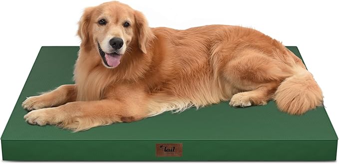 Outdoor Extra Large Dog Bed, Waterproof Dog Bed for Large Dogs, Orthopedic Egg Crate Foam Pet Bed with Washable Removable Oxford Cooling Cover, 44x32 Inch, Dark Green