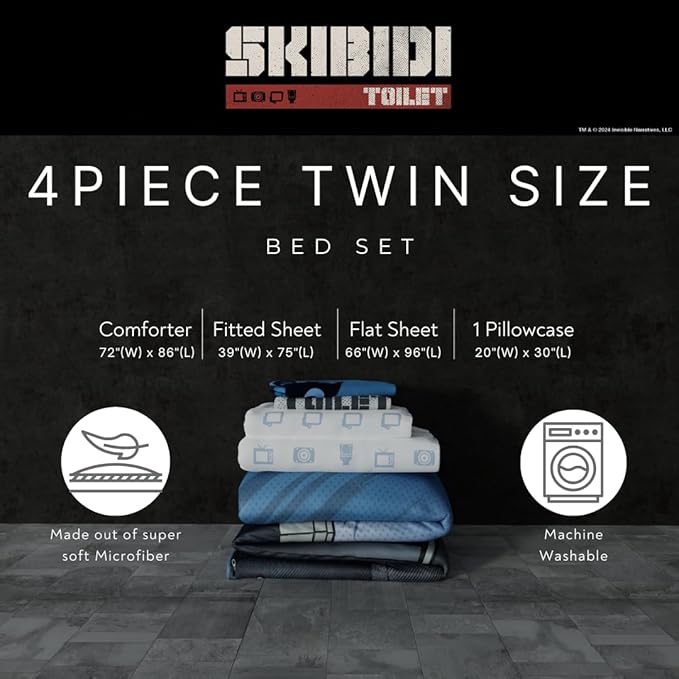 Skibidi Toilet Gamer Bedding 4 Piece Super Soft Reversible Comforter and Sheet Set, Twin, (Officially Licensed Product) by Franco
