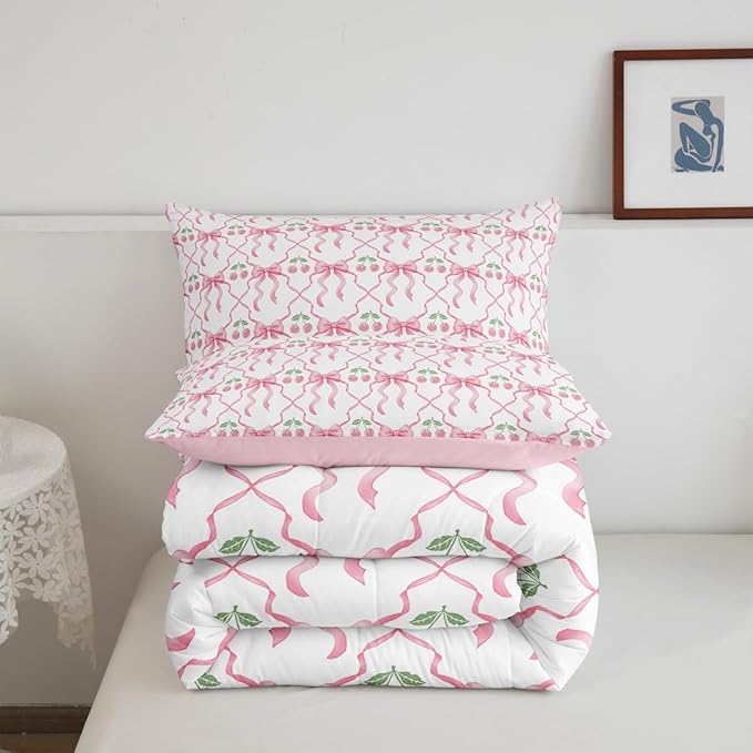 Erosebridal Cute Bow Bedding Set for Girls Kids Teen,Pink Cherry Bowknot King Comforter Set Kawaii Girly Ribbon Bow Down Comforter Pink White Geometric Plaid Bow Bed Set