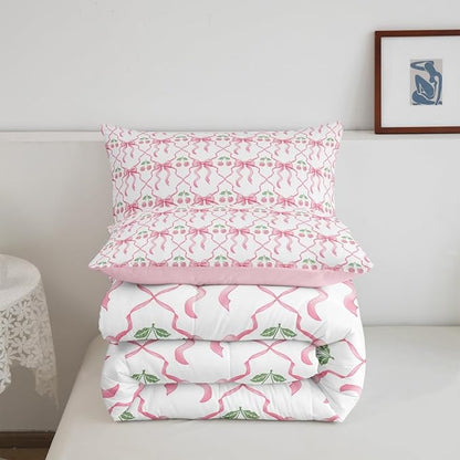 Erosebridal Cute Bow Bedding Set for Girls Kids Teen,Pink Cherry Bowknot King Comforter Set Kawaii Girly Ribbon Bow Down Comforter Pink White Geometric Plaid Bow Bed Set