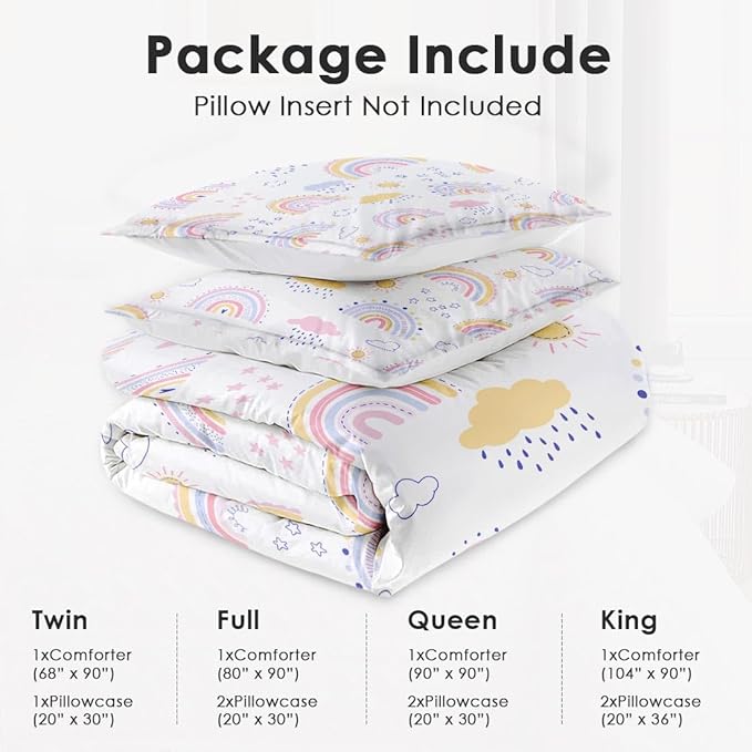 Queen Size Comforter Set with 2 Pillowcases, Pink Rainbow Kids Nursery Soft 3 Pcs Bedding for Kids and Adults Bedroom Bed Decor