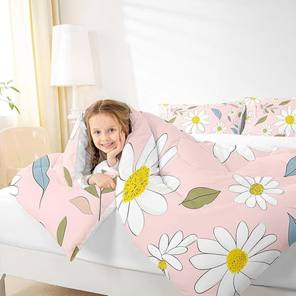 Manfei White Daisy Comforter Set Twin Size, Flower Leaves Bedding Set 2pcs for Kids Boys Girls Bedroom Decor, Botanical Floral Print Quilt Set Soft Polyester Duvet Set with 1 Pillowcase