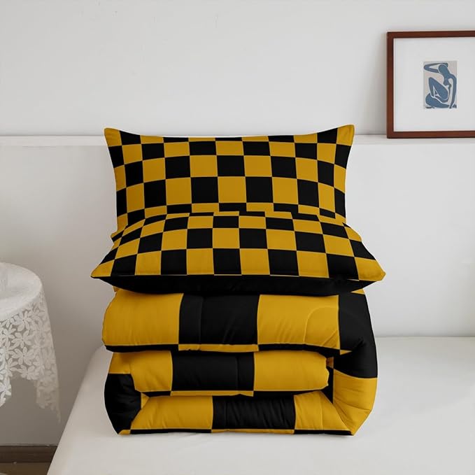 Feelyou Checkered Bedding Set Teen Women Men Yellow Black Plaid Comforter Set Queen Size Kids Boys Girls Cute Retro Neutral Checkerboard Geometric Duvet Insert Vintage Aesthetic Room Decor