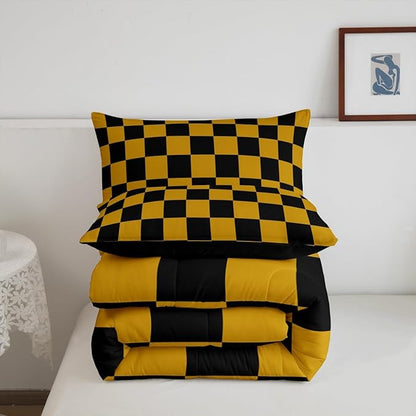 Feelyou Checkered Bedding Set Teen Women Men Yellow Black Plaid Comforter Set Full Size Kids Boys Girls Cute Retro Neutral Checkerboard Geometric Duvet Insert Vintage Aesthetic Room Decor