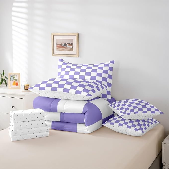 Feelyou Checkered Retro Comforter Set with Sheets 7 Piece Twin Size Purple Plaid Bedding Set for Kids Boys Girls Geometric Vintage Bed in a Bag Modern Simple Groovy Aesthetic Room Decor Soft